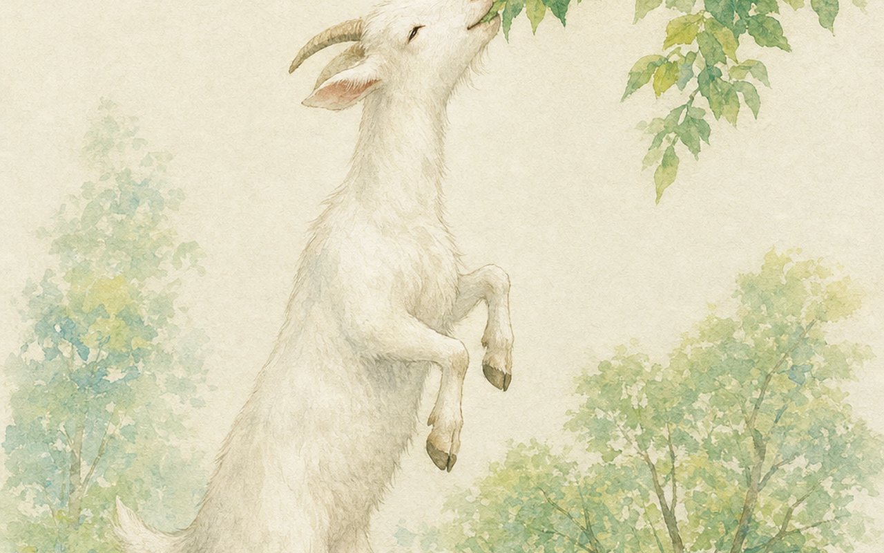 立ち上がって木の葉をつまみ食いする白ヤギの和風水彩イラスト