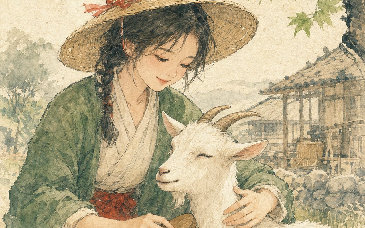飼い主が白ヤギをブラッシングして世話をする和風水彩イラスト