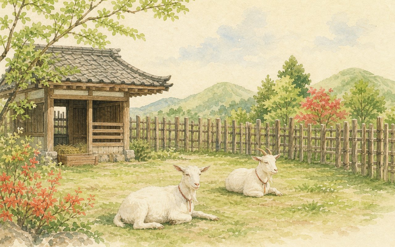 木造のヤギ小屋と高さのある柵、運動場でくつろぐ白ヤギの和風水彩イラスト