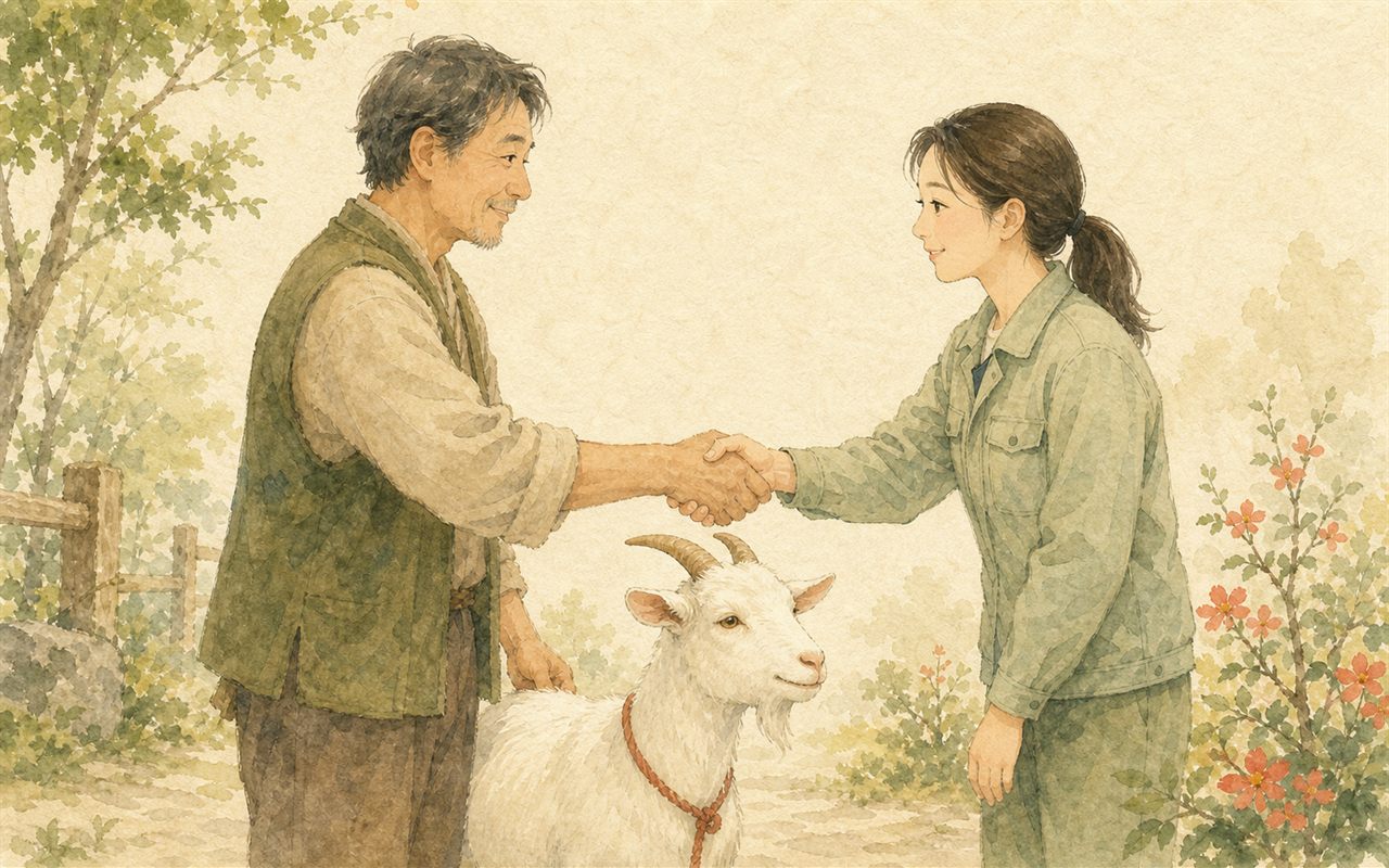 飼えなくなったヤギを丁寧に引き受ける信頼の場面の和風水彩イラスト