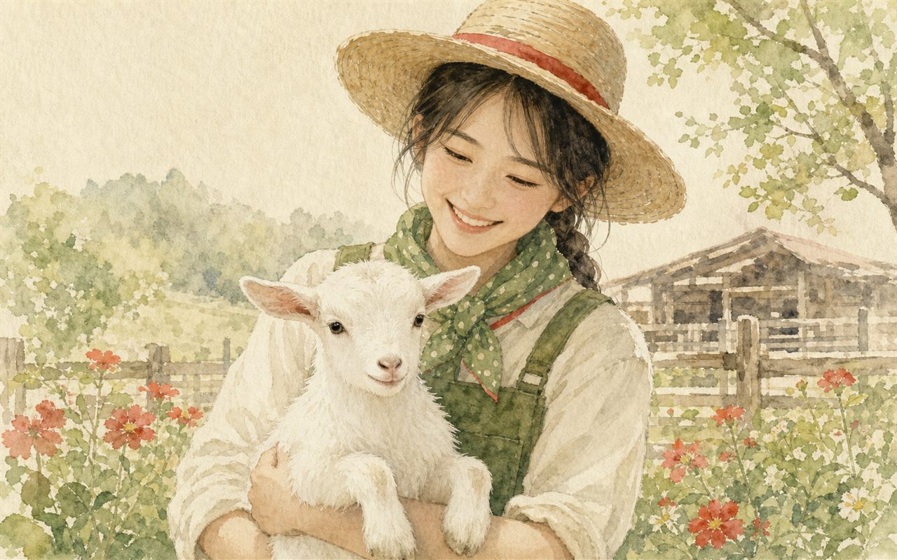 飼育スタッフが白い子ヤギを抱いて微笑む和風水彩イラスト