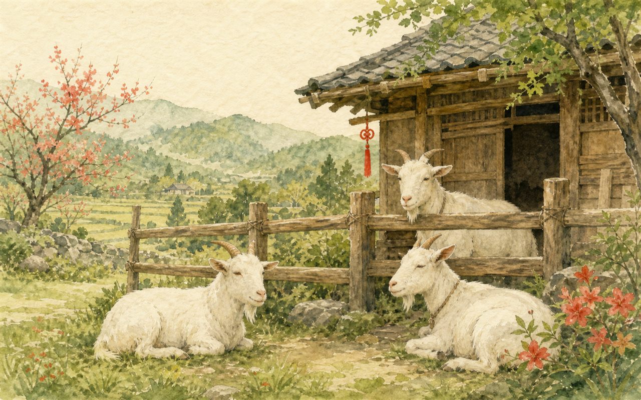 木造の和風ヤギ小屋と健康な白ヤギたちの牧場風景の水彩イラスト