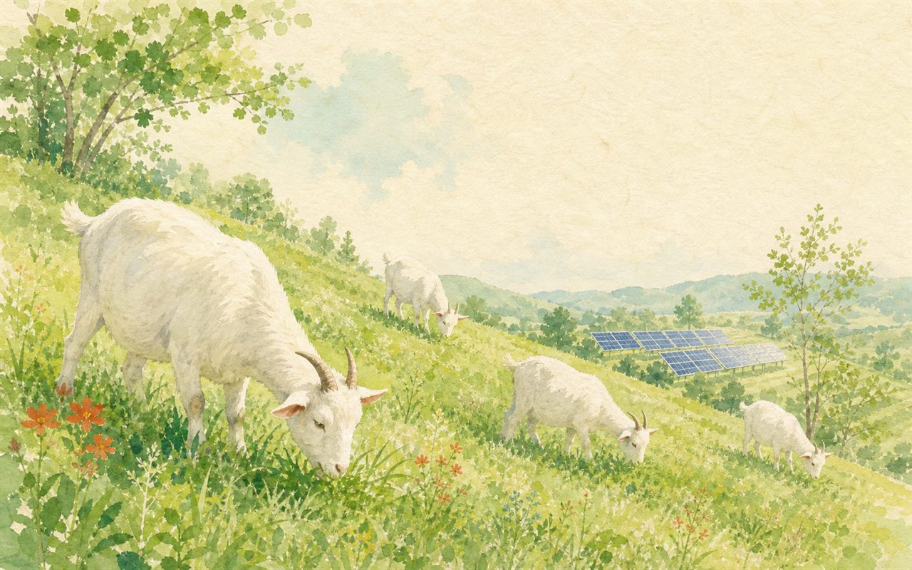 斜面の草を食べて除草する白いヤギたちの和風水彩イラスト
